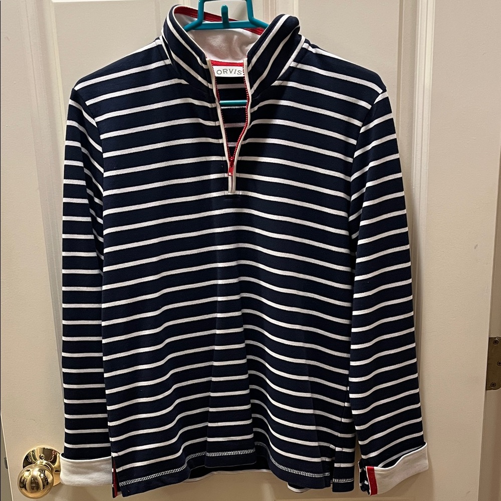 Orvis Women's Zip-Up Navy and White Striped Sweater